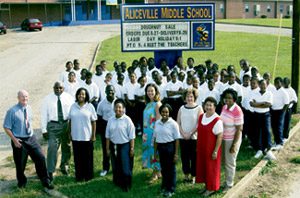 Leading the Future Selves program at Aliceville Middle School are (front, left to right) UA professor and program director Steve Nagy, AMS principal Harvey Gause, program coordinator Antonia Mead, community interventionist Frederick Kennedy, program interventionist Dana May-Coleman, AMS teacher Valerie Jackson, program interventionist Joy Pinckney, AMS teacher Kansas Sellers, AMS counselor Olivia Parsons and AMS teacher Odester Latham. 
