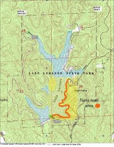 This topographic map of Lake Lurleen shows the new lakeside trail area that is open to the public for hiking and biking. 