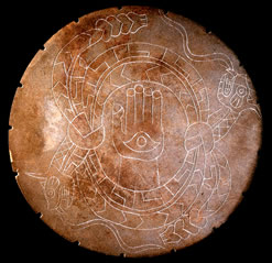 This stone artifact, known as the Rattlesnake Disk, is Moundville's best known find. It was found by a farmer plowing his field. (This image courtesy Moundville Archaeological Park) 