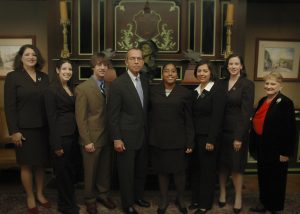The 2006 UA Premier Award recipients were recognized by UA President Robert E. Witt at a ceremony and dinner; shown here at the event are (L-R) Dr. Cassandra Simon, Kristi M. Wilcox, Cody Locke, Dr. Witt, Kimberly Goins, Shermeen B. Memon, Rachel Duncan and Betsy Plank. 