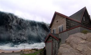 A beach house is threatened by an oncoming wave. As seen on "America's Tsunami: Are We Next?" 