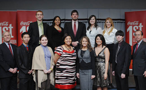 Gary Fayard (far left), executive vice president and chief financial officer of The Coca-Cola Company and treasurer of The Coca-Cola Foundation, and UA President Robert E. Witt (far right) were on hand to honor this year’s UA Coca-Cola First Generation Scholars. The UA scholars include: (front row, left-right) Alan Chen, Shauna McDaniel, Sade Mays, Adrienne Farris, Christina Bryant, Blake Myers, (back row, left-right) Matthew Clem, Shea Mason, Ben Strong, Allie Thompson and Erin Shirley.