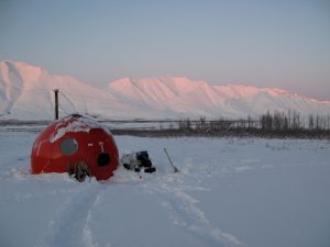 This temporary shelter, known as an Apple Hut, is the frequent home of UA researchers studying in Alaska's ANWR (Jon Benstead). 