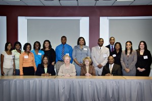 UA sponsors and Bridge to Doctorate participants are, seated (L to R): Dr. Viola L. Acoff, Dr. Judy Bonner, Dr. Carolyn Braswell, and Dr. Louis Dale. Standing (L to R): Nicole Gray, DeAna McAdory, Melody Kelley, Ekaette Mbong, Contessa Majors, Alanzo Granville, Rachel Roberts, Edward Dillon, Brandon Morgan, Marleshia Hall, Haylee Hinz, and Kathryn Picard.