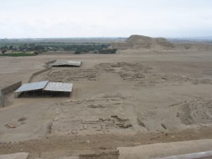 Looking out toward excavations at Huaca del Sol, near the modern city of Trujillo in northern Peru. Andrus took this photo while standing on a pyramid called Huaca de La Luna. Shells removed from the excavated site are under analysis at UA. 