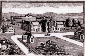 A woodcut depicting The University of Alabama campus, ca. 1890 (Image courtesy of the W.S. Hoole Special Collections Library,The University of Alabama). 
