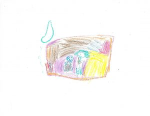 This drawing from an 8-year-old, admitted for respiratory issues, suggests moderate anxiety. In the drawing, the balloon the child drew is large compared to the person, as is the doll beside them, and there is shading on the bed, which suggests some anxiety. However, the person is smiling, they use six of the eight colors, and the color used most is a light color, all of which suggest less anxiety. 