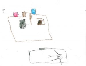 This drawing is from a 6-year-old admitted for respiratory issues, and it also suggests moderate anxiety. Things that suggest anxiety are the use of primarily dark colors (brown and black); the use of only a few colors; a missing body (arms and legs are attached to the face); and the size of the person relevant to the materials (the square blue, red and black things are medicine bottles). The person is positioned at the bottom of the paper, which also suggests anxiety. The good thing is the child is smiling and has upright arms and open eyes. 