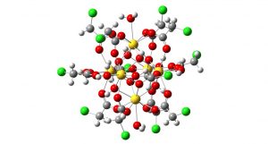 This is the structure of a key thorium oxide cluster found in water. Researchers are studying this structure as a critical intermediate in forming larger thorium oxide particles that are potential precursors to a thorium nuclear reactor fuel (UA, Argonne National Laboratory). 