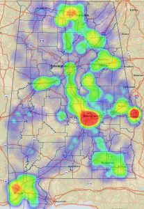 Crash density maps show general location of crashes the last seven days of January. The map above shows the density of all crashes. There is no significant difference when compared to a 2013 map, meaning the crash density effects of the winter storm were about the same statewide. 