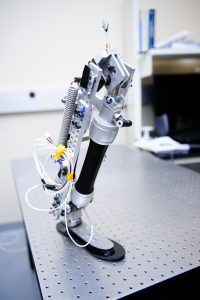 This prototype of an above-knee prosthesis uses muscle actuators to drive the knee and ankle motion. 