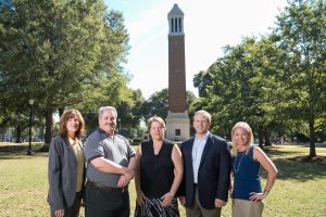 A few of UA's researchers with interest and expertise in obesity research stand on the Quad. From left are: Drs. Jen Nickelson, John Higginbotham, Linda Knol, Adam Knowlden and Kim Bissell (Zach Riggins). 