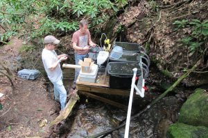 Two researchers conduct maintenance on the pump used to add nutrients to one of the streams used in the experiment (Jon Benstead).