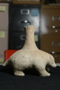 Mississippian zoomorphic effigy water bottle from Lauderdale County is displayed at UA's Office of Archaeological Research. 