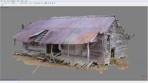 A 3-dimensional rendering of a dogtrot, as documented for the Historic American Building Survey, is shown. 
