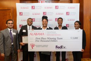 1st Place Winners of the Culverhouse Diversity Leadership Competition was the Alabama State University team. From left are Mathew Mazhuvancheryparambath (faculty sponsor), Richmond Pierce, Menyon Goodou, Rachel Kazungu, Gabrielle Delaine 