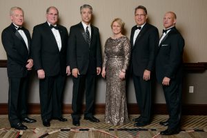 The 2016 University of Alabama Distinguished Engineering Fellows are, from left, Jonathan B. Sharpe, Pierce H. Norton II, Terry K. Spencer, Vicki A. Hollub and Robert Drummond alongside Dr. Charles L. Karr, Dean of the UA College of Engineering. 