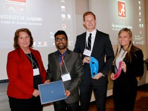 SYNSkin Team - first place winners of the 2016 Edward K. Aldag, Jr. Business Plan Competition with their prototype of synthetic skin for medical uses. From left: Tommie Syx, director of the Edge, Arnab Chanda, Christian Callaway, Kaitlyn Curry 