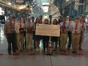 Team members from Alabama Astrobotics pose for a photo after winning the 2016 NASA Robotic Mining Competition in Kennedy Space Center, Florida. 