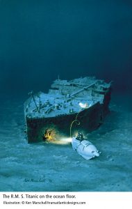 "The R.M.S. Titanic on the ocean floor" by Ken Marschall at transatlanticdesigns.com, courtesy of National Geographic. 