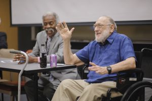 Dr. Carl Clark, the first African-American doctoral student at The University of Alabama, and Dr. Howard Miller, former psychology professor at UA, speak about their roles in helping desegregate the university at the Department of Psychology's Desegregation Symposium on Sept. 30. 