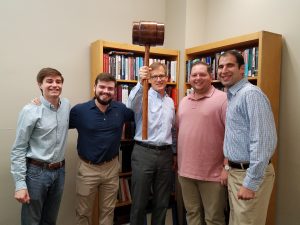 From left to right, UA Mock Trial Team leaders: Jordan LaPorta, Read Mills, Dr. Joe Smith (political science chair), Chance Sturup and Dr. Allen Linken (team coach)