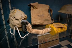 This image shows a WW I era gas mask that is on display at the Gorgas House.