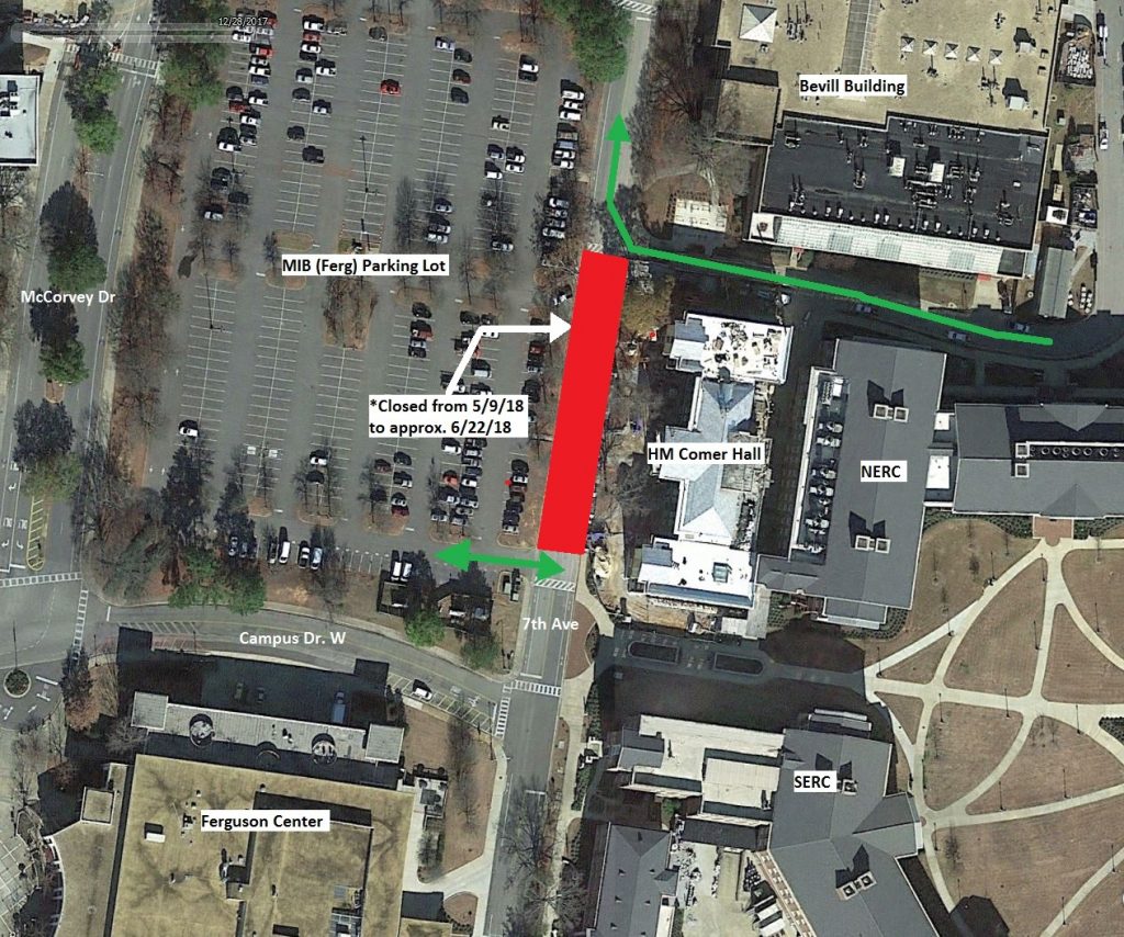 Seventh Avenue will completely close directly in front of H.M. Comer Hall starting on May 9 and could last until June 22. Traffic will be able to access the MIB (Ferguson) Lot just north of the Campus Drive west intersection. Traffic from Shelby Lane will be allowed to turn north onto Seventh Avenue.