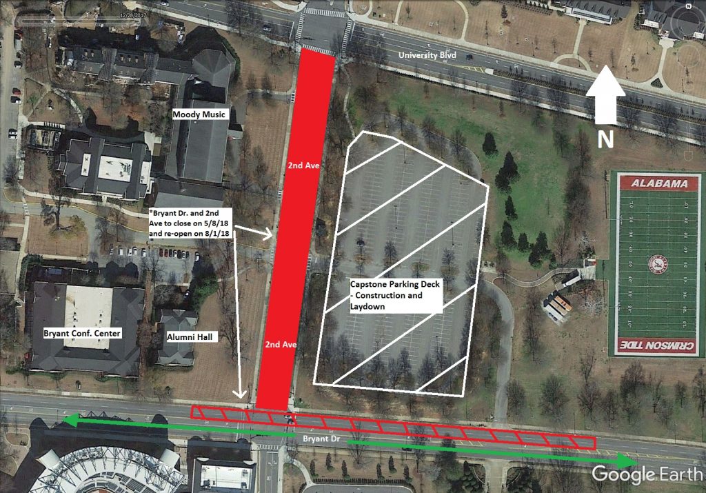 Second Avenue will close completely from Bryant Drive to University Boulevard from May 8 to Aug. 1. No through traffic will be allowed. The two northernmost lanes (westbound) of Bryant Drive will also close from May 8 to Aug. 1. Westbound traffic will be directed into a single lane and utilize the turn lane in the center of Bryant Drive. Eastbound traffic will stay as is.