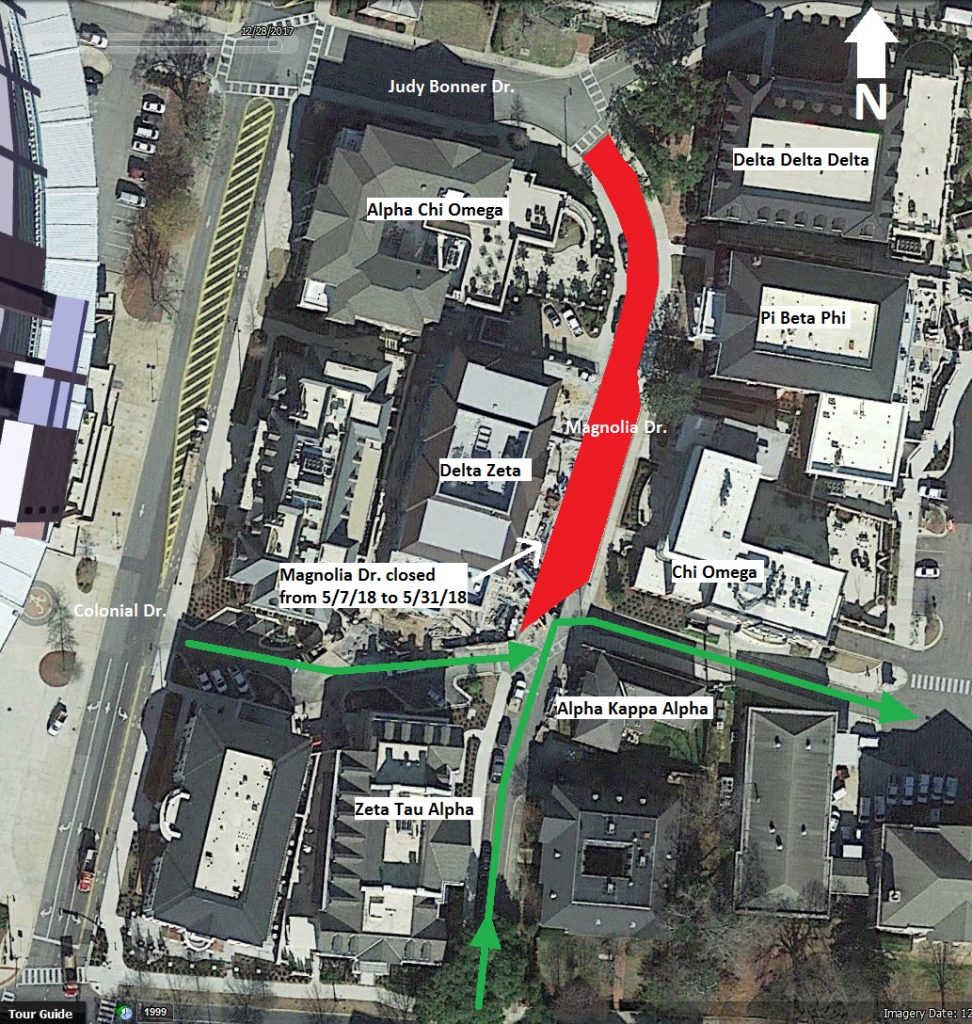 Magnolia Drive will close completely from the south end of the new Delta Zeta sorority house and north to the intersection of Judy Bonner Drive. Traffic will be directed into the alley just south of the construction on the east side of Magnolia Drive.