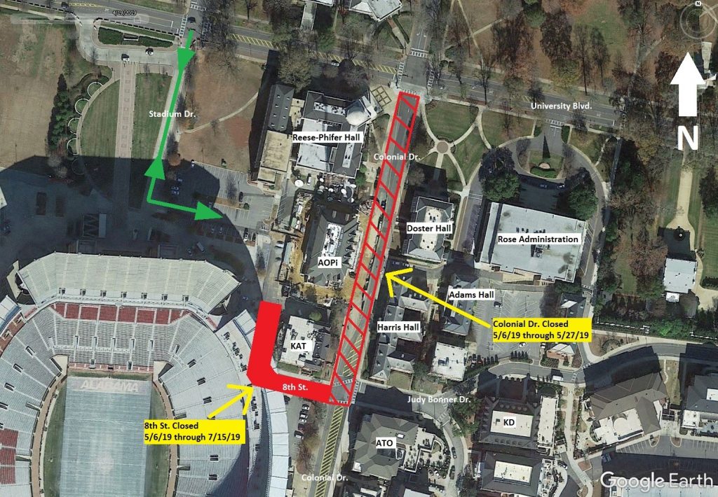 Map of the closing of Colonial Drive from University Boulevard to Eighth Street. 
