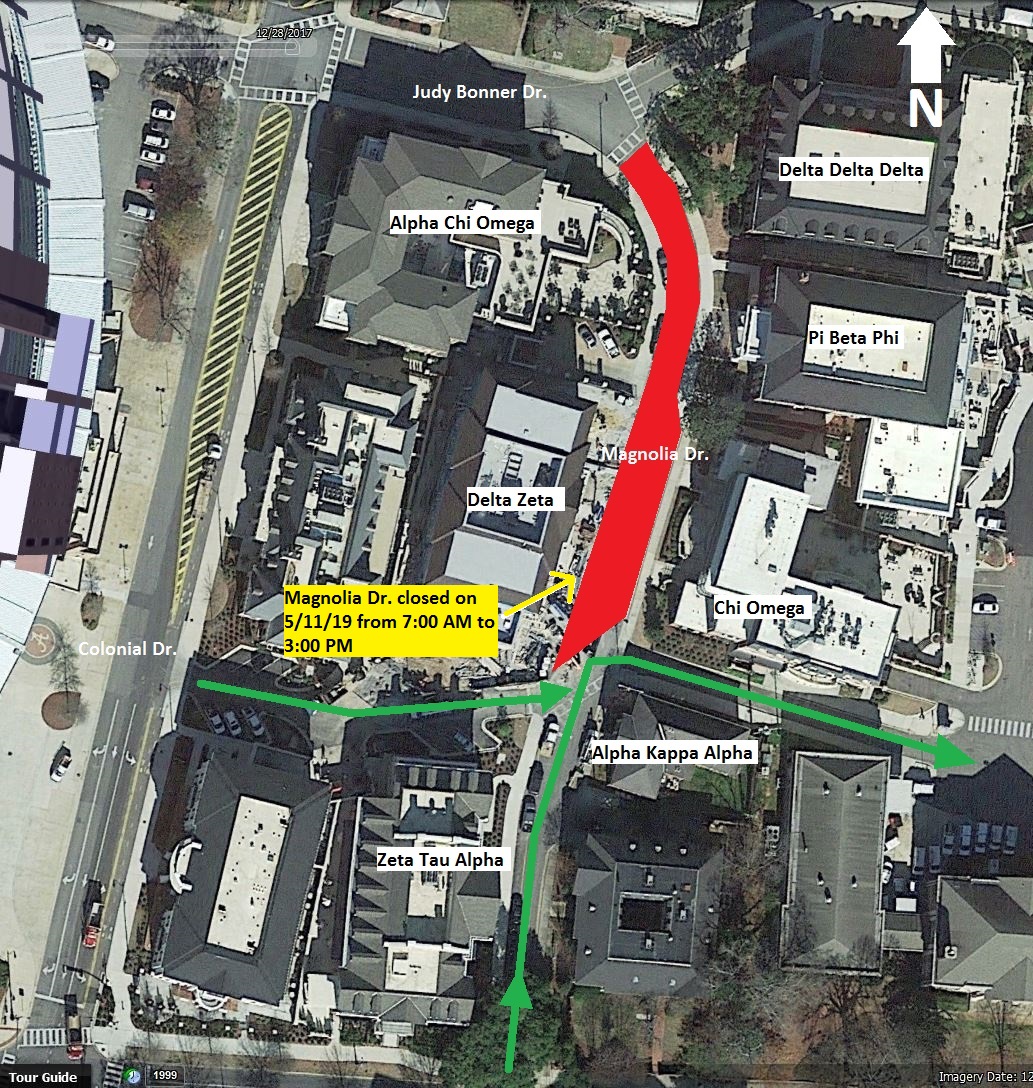 Map of Magnolia Drive, which will be closed May 11 from 7 a.m. to 3 p.m. Use the alleyway between Chi Omega and Alpha Kappa Alpha if turning onto Magnolia Drive from Bryant Drive. 