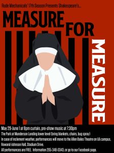 A nun prays in a red, black and white poster for the play "Measure for Measure."