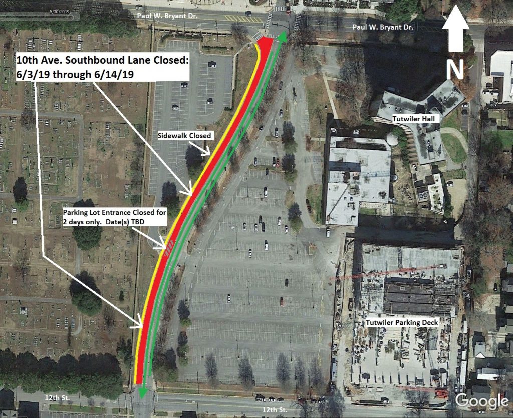 Map of 10th Avenue lane and sidewalk closure for June 3 though June 14. 