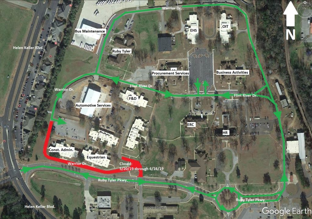 Road closure and travel routes a section of Warrior Drive. 