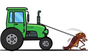 Cartoon illustration of a cockroach pulling a small green tractor