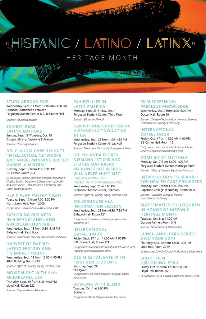 poster for Hispanic/Latino/Latinx Heritage Month events