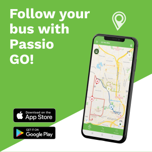 Advertisement for Passio Go! stating users can track their bus through the app.