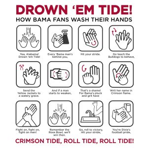 A graphic showing how to wash your hands while singing the words to Yes! Alabama