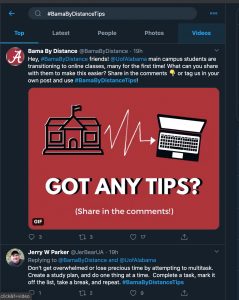 Screen shot of Bama By Distance Twitter tips for transitioning to online learning.