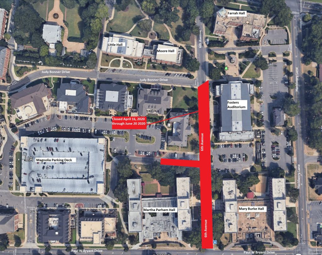 Sixth Avenue road closure marked in red on the map 