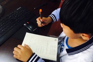 A child doing school work at a computer.