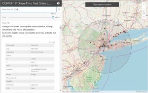 A screen shot from a computer of a map of the New York City area showing COVID-19 testing sites.