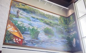 mural of white Cahaba lily and other flora and fauna in Cahaba river 