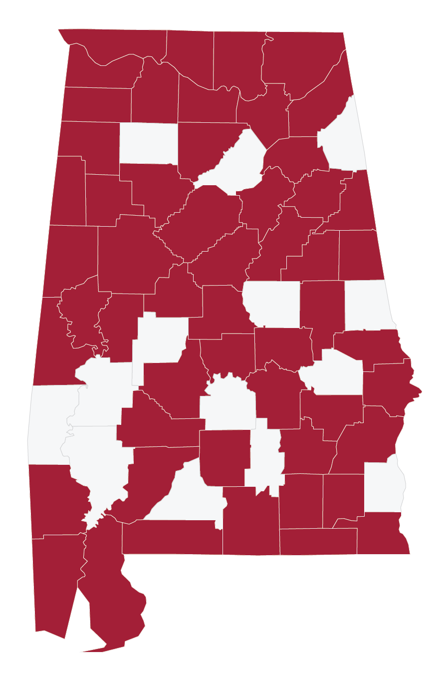 Map of Alabama highlighting counties represented by UA Graduates