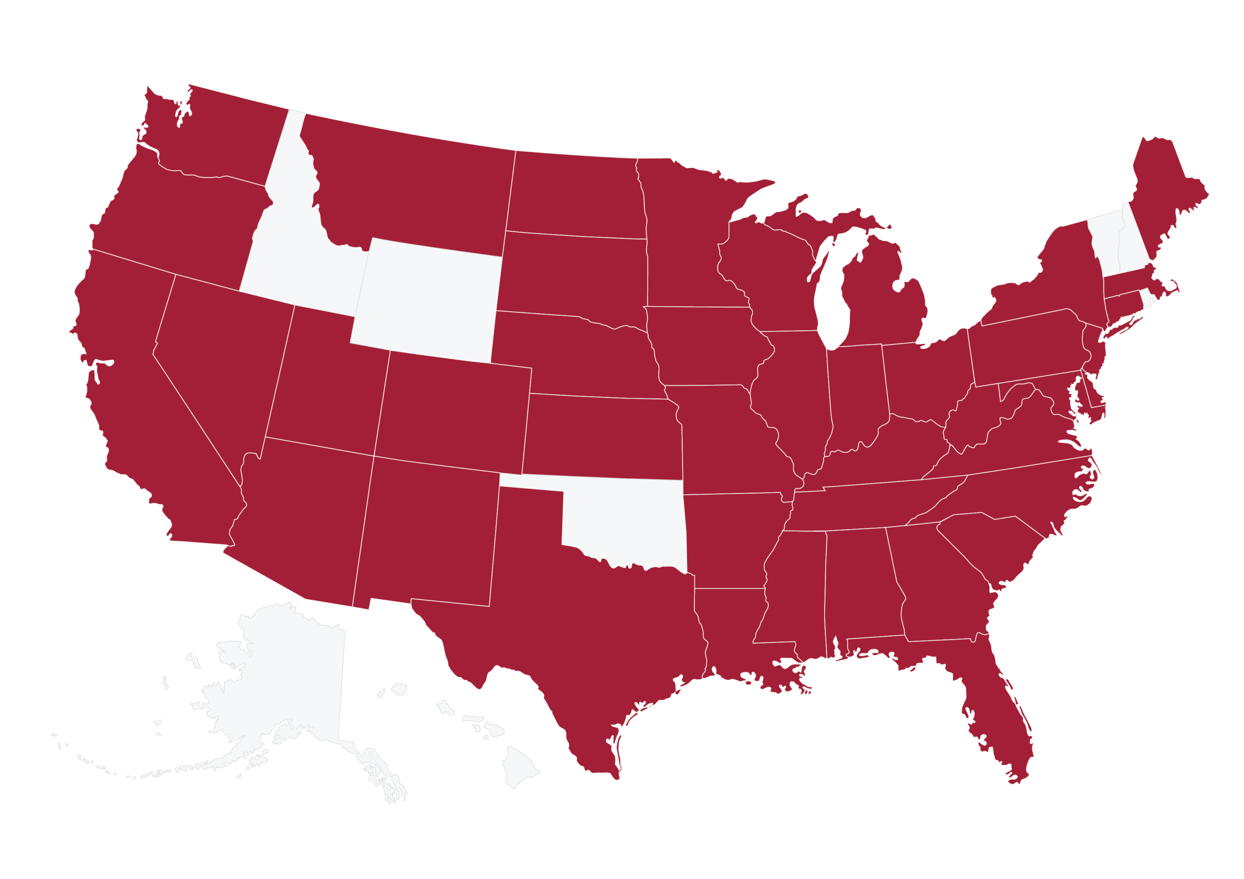 Map of the United States highlighting states represented by UA Graduates