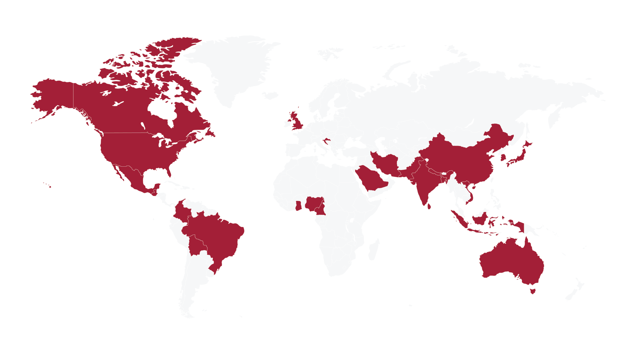 Map of the world highlighting countries represented by UA Graduates