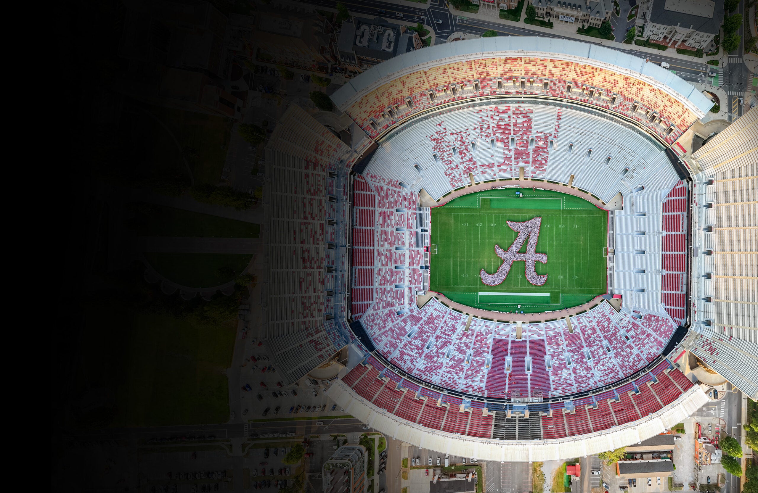 Aerial view of students forming the Script A in Bryant-Denny Stadium.