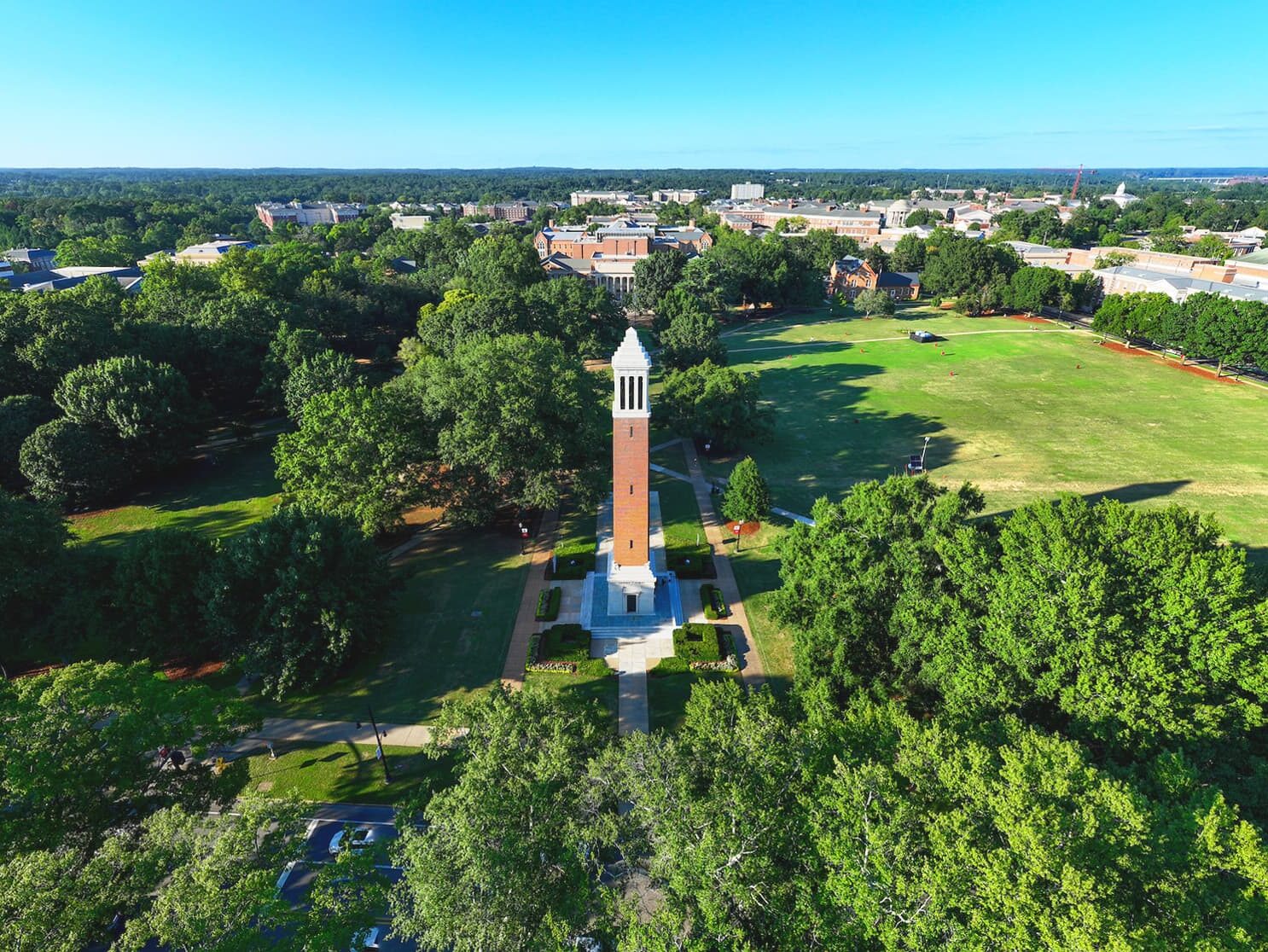 Aerial view of denny chimes and the quad on a sunny day